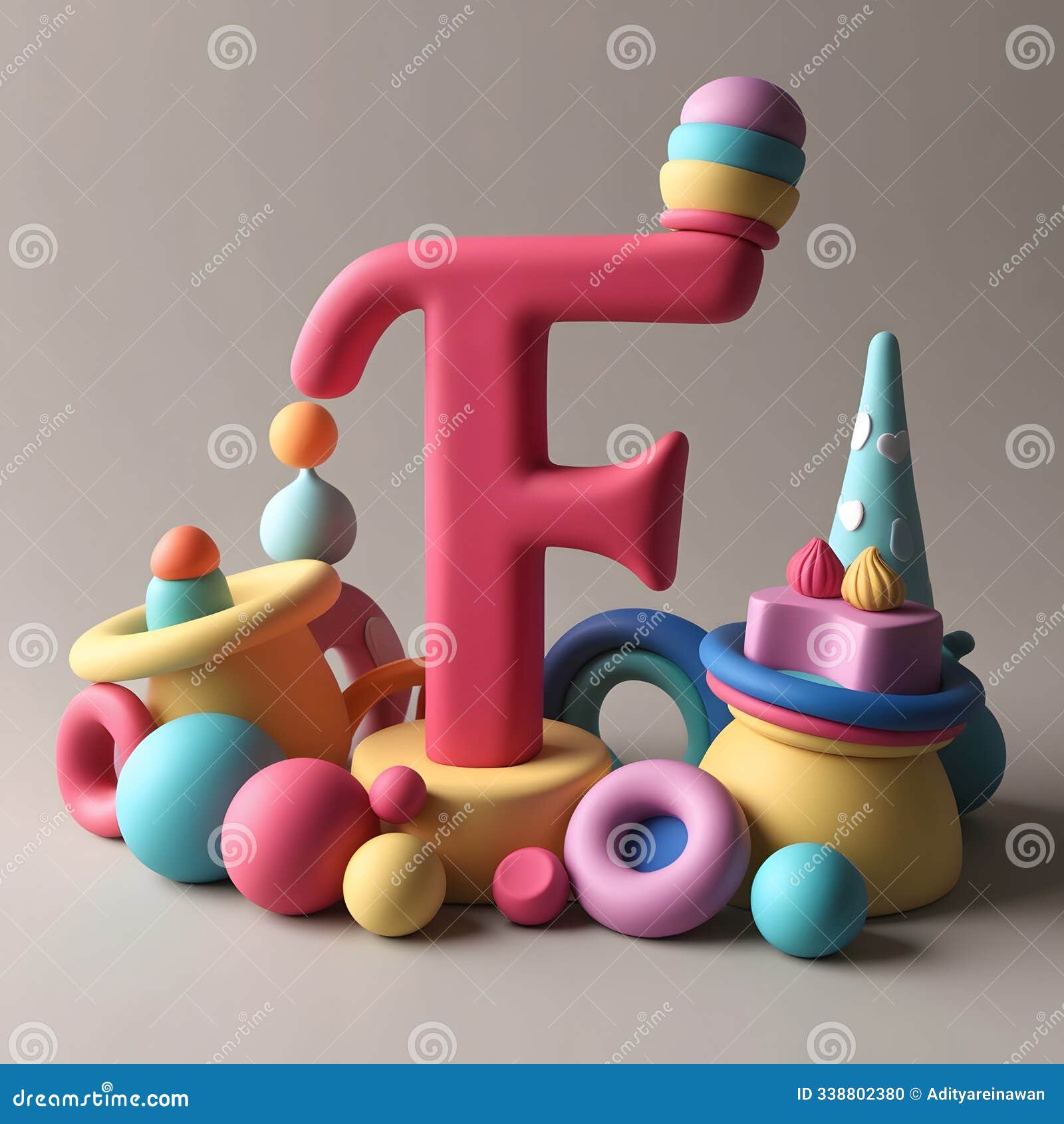 3d render of letter 'f' surrounded by playful colorful objects with stylized clay texture