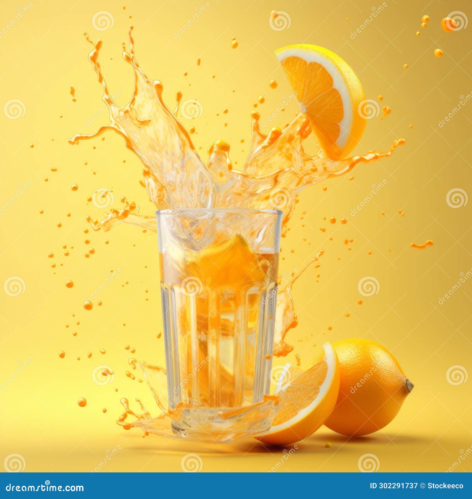 vibrant 3d render of orange juice with splashing effect
