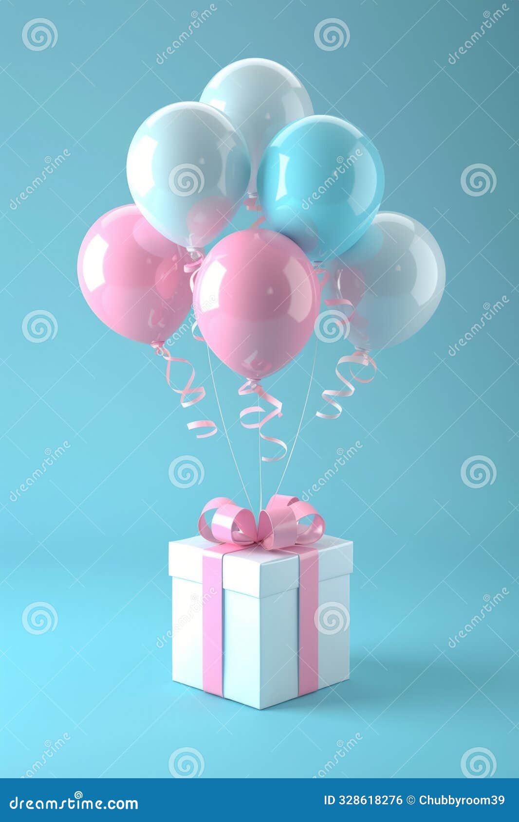 vibrant 3d rendering of gift box floating with colorful balloons on a soft pastel blue background, creating a festive and