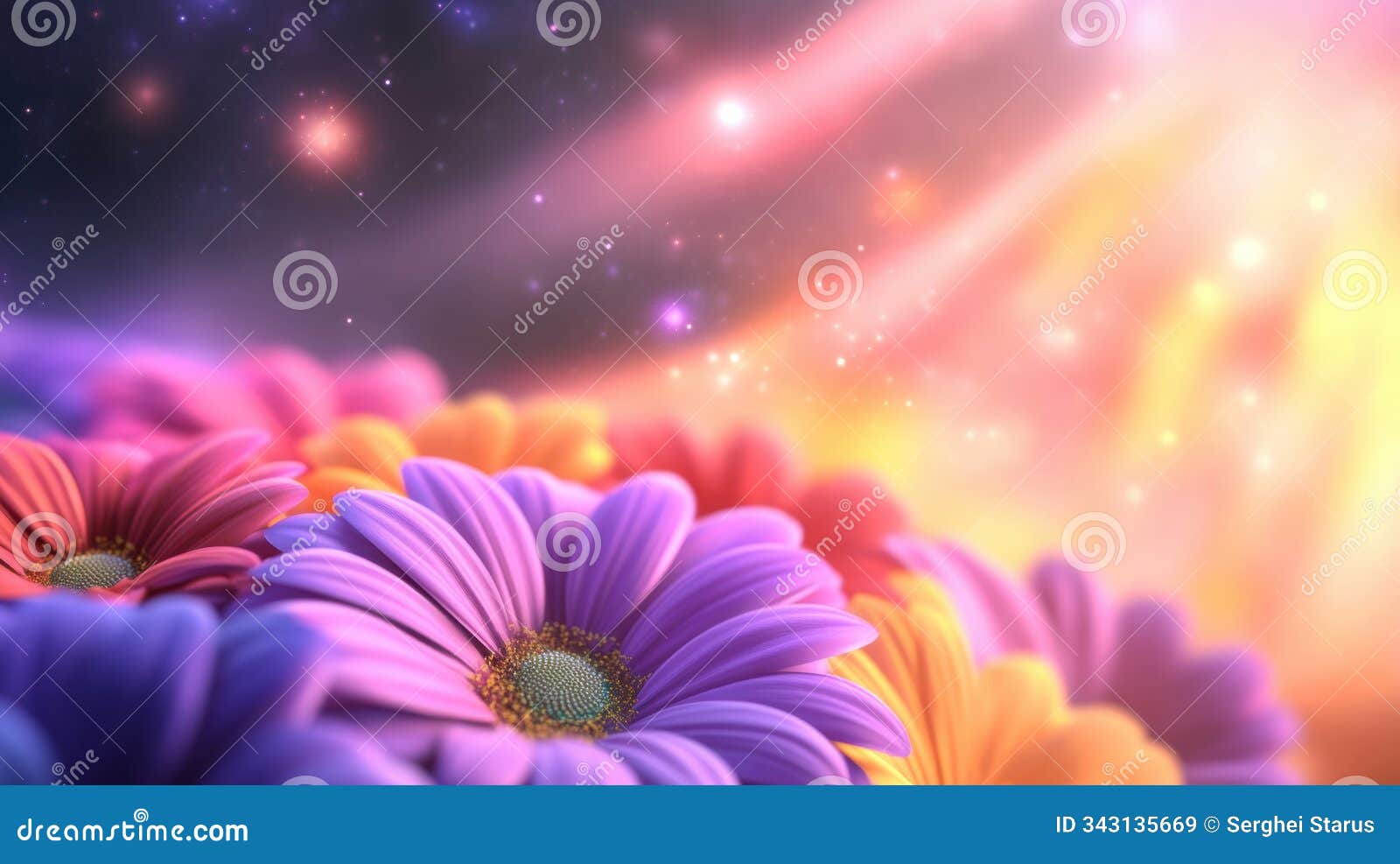 vibrant daisies bask in a dreamy, cosmic glow, blending nature with ethereal beauty, ai