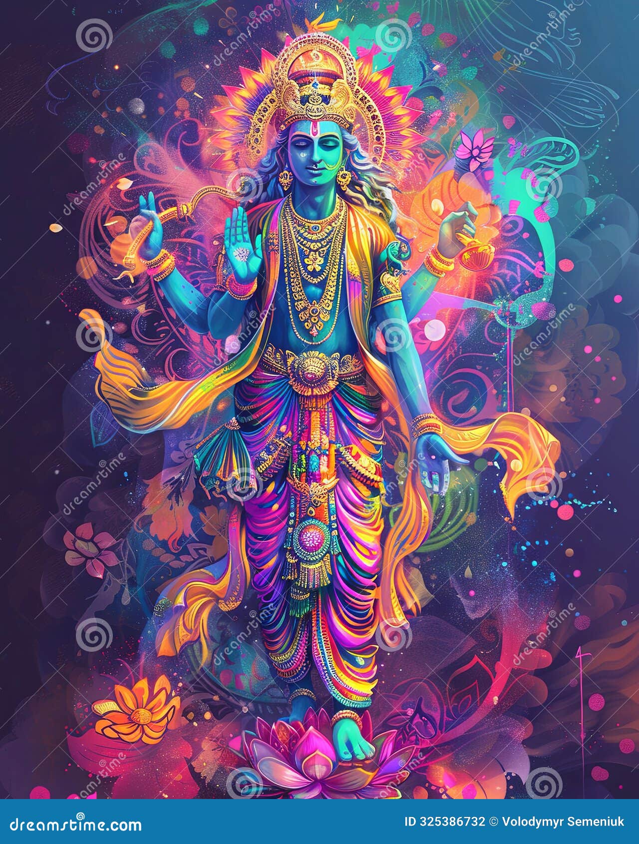 Vibrant Depiction of Hindu God Vishnu Standing on a Lotus Stock ...