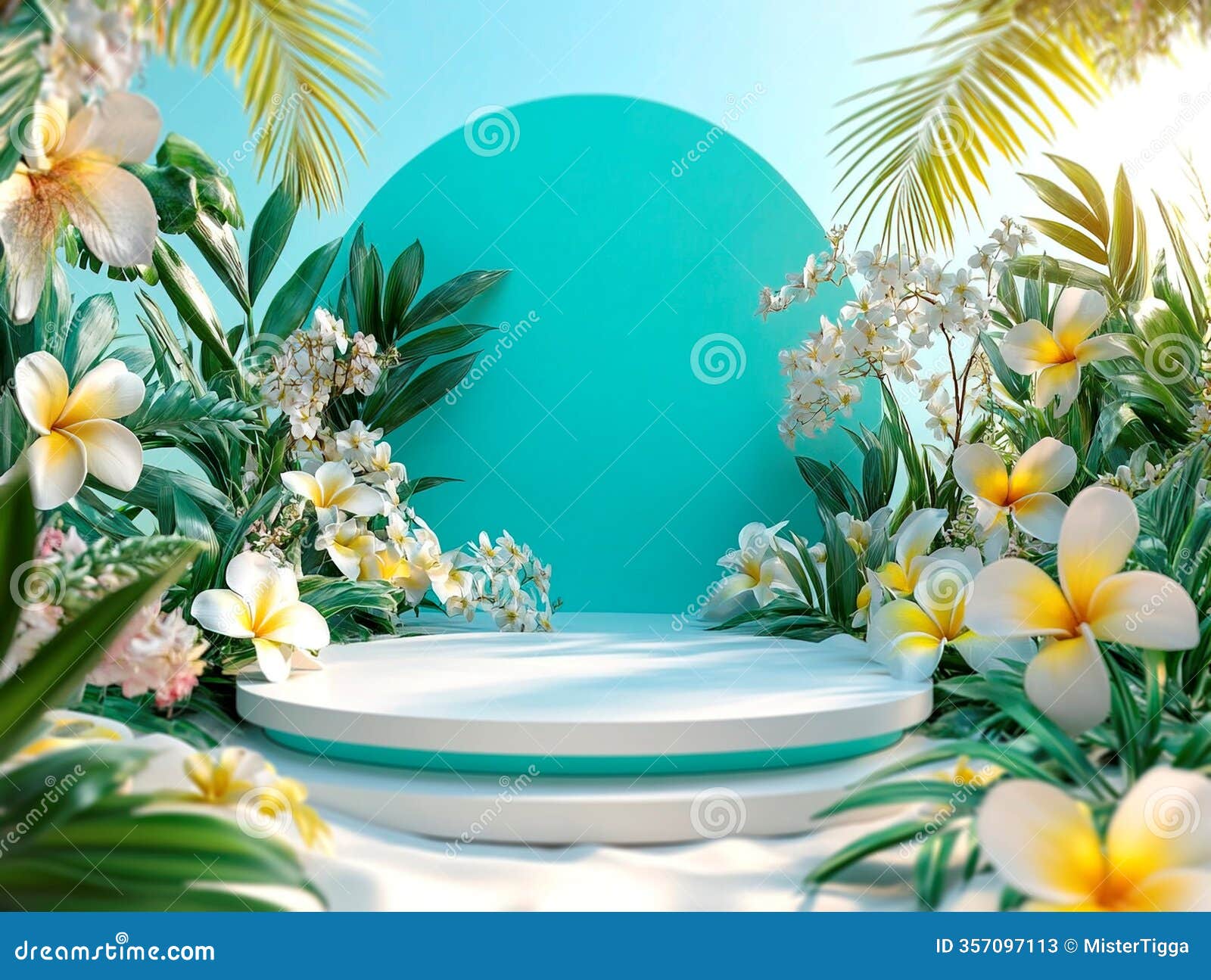 a vibrant digital rendering showcases a tropical setting with a small, curved-front room having open sides and a lit