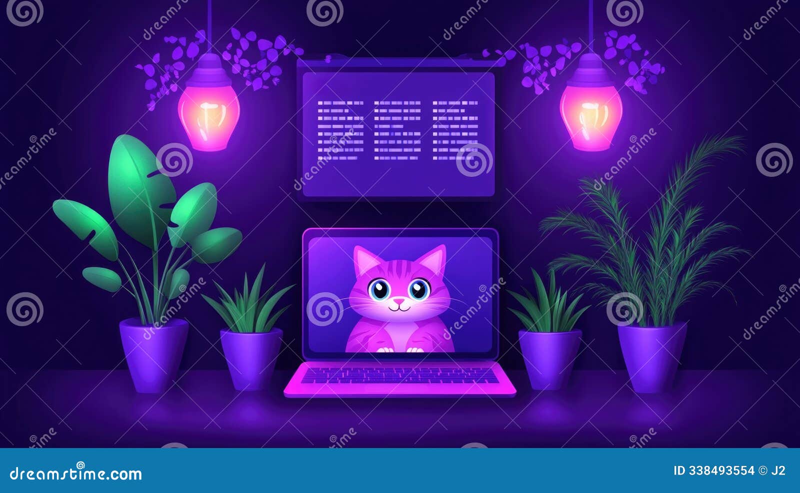 vibrant digital workspace with cat on screen and lush greenery
