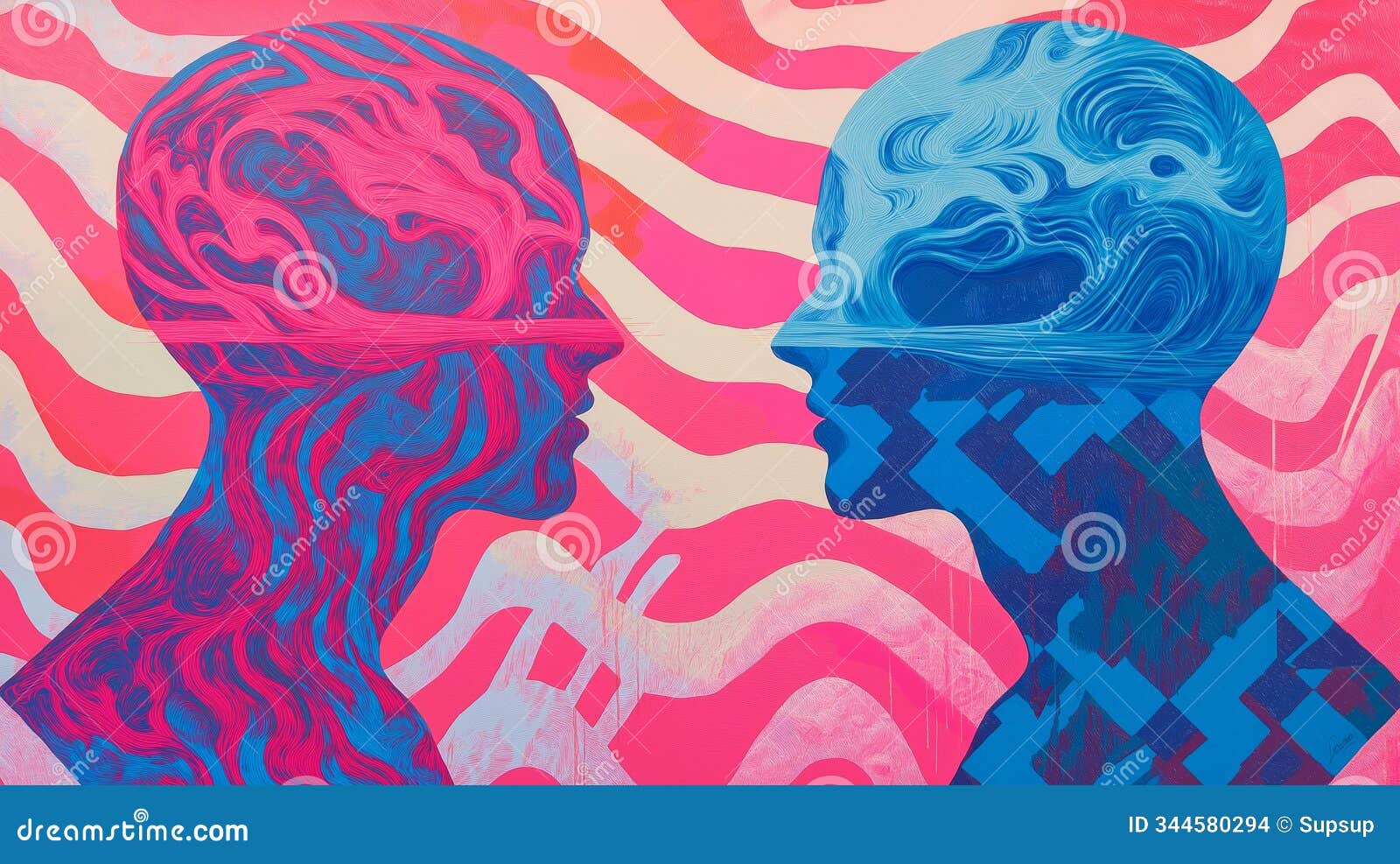 vibrant dual-toned abstract art of two intertwined human forms