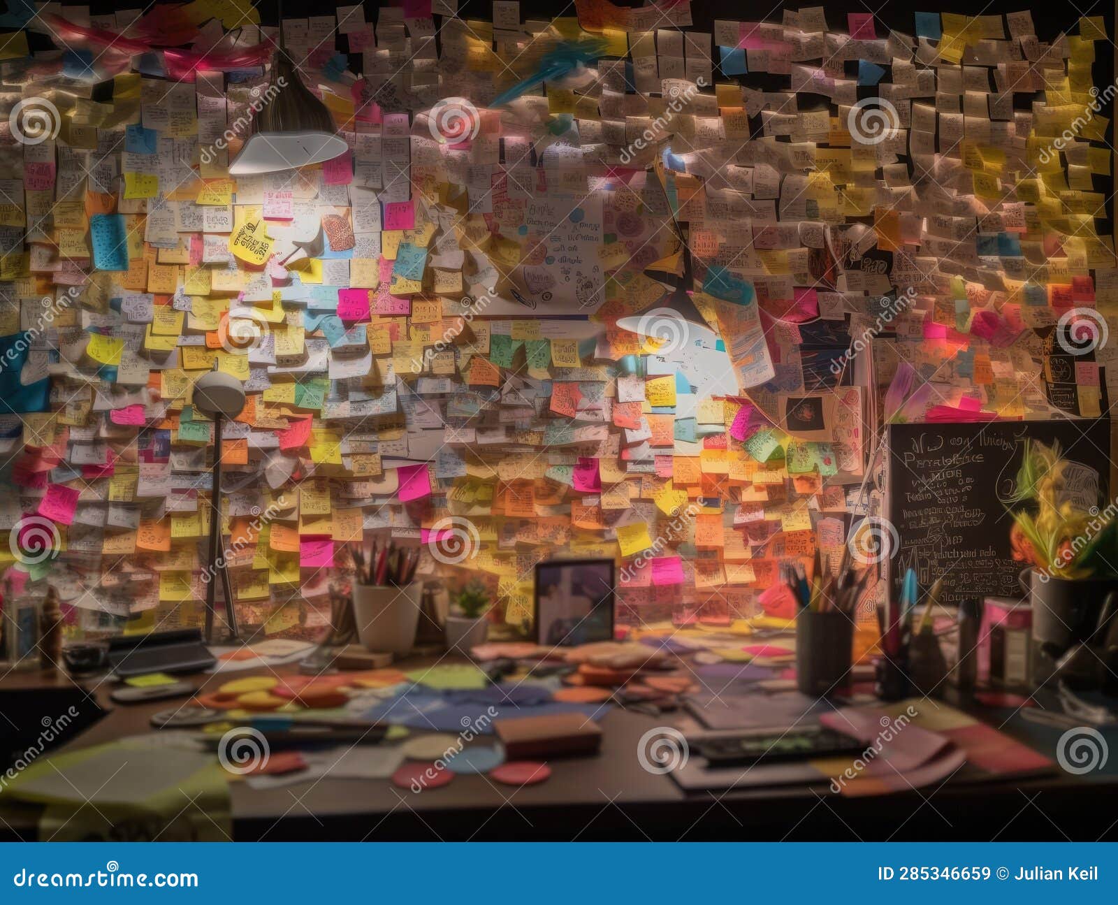 Creative Brainstorming Wall with Sticky Notes and Illustrations Stock ...