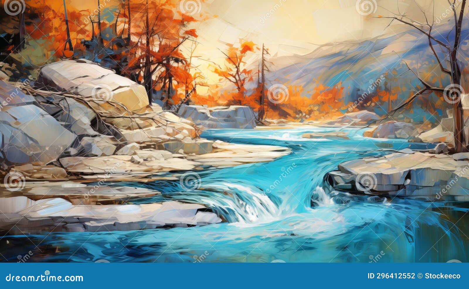 vibrant  of water flowing through trees and rocks