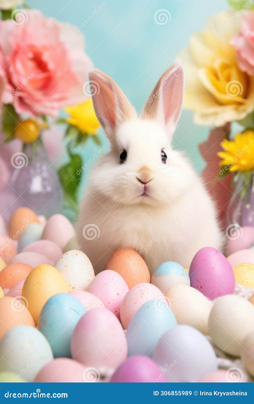 vibrant easter background, eggs, and an adorable bunny, creating joyful and festive vibes