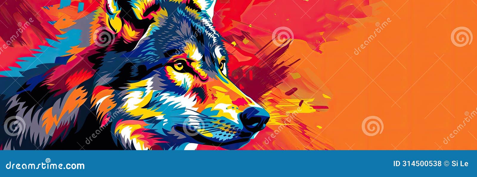 vibrant pop art wolf on abstract square: colorful 