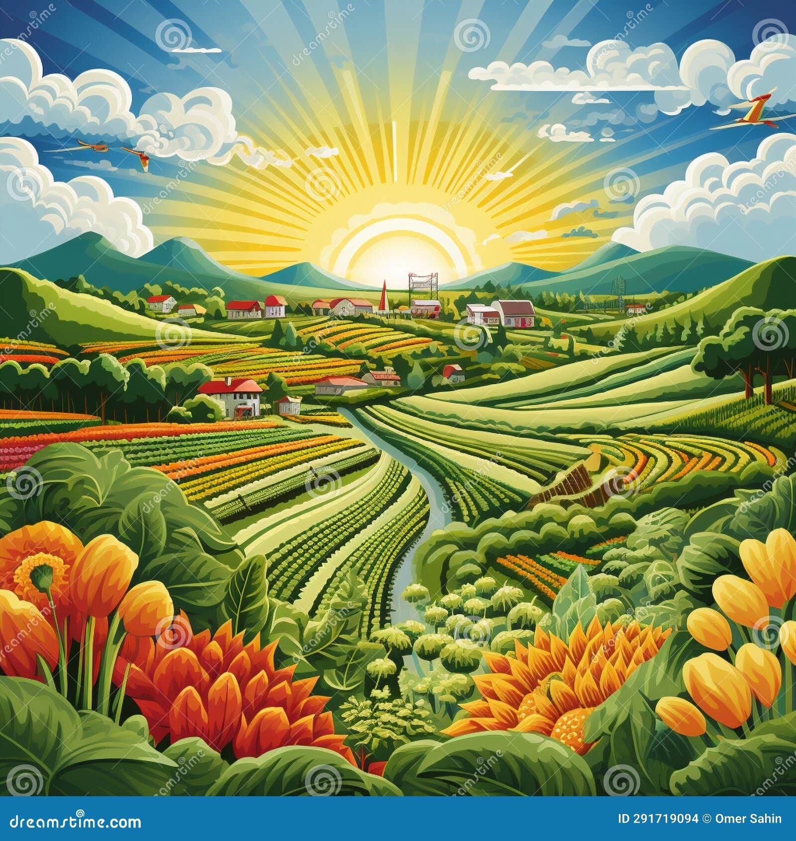 vibrant farmlands in a whimsical cartoon art style
