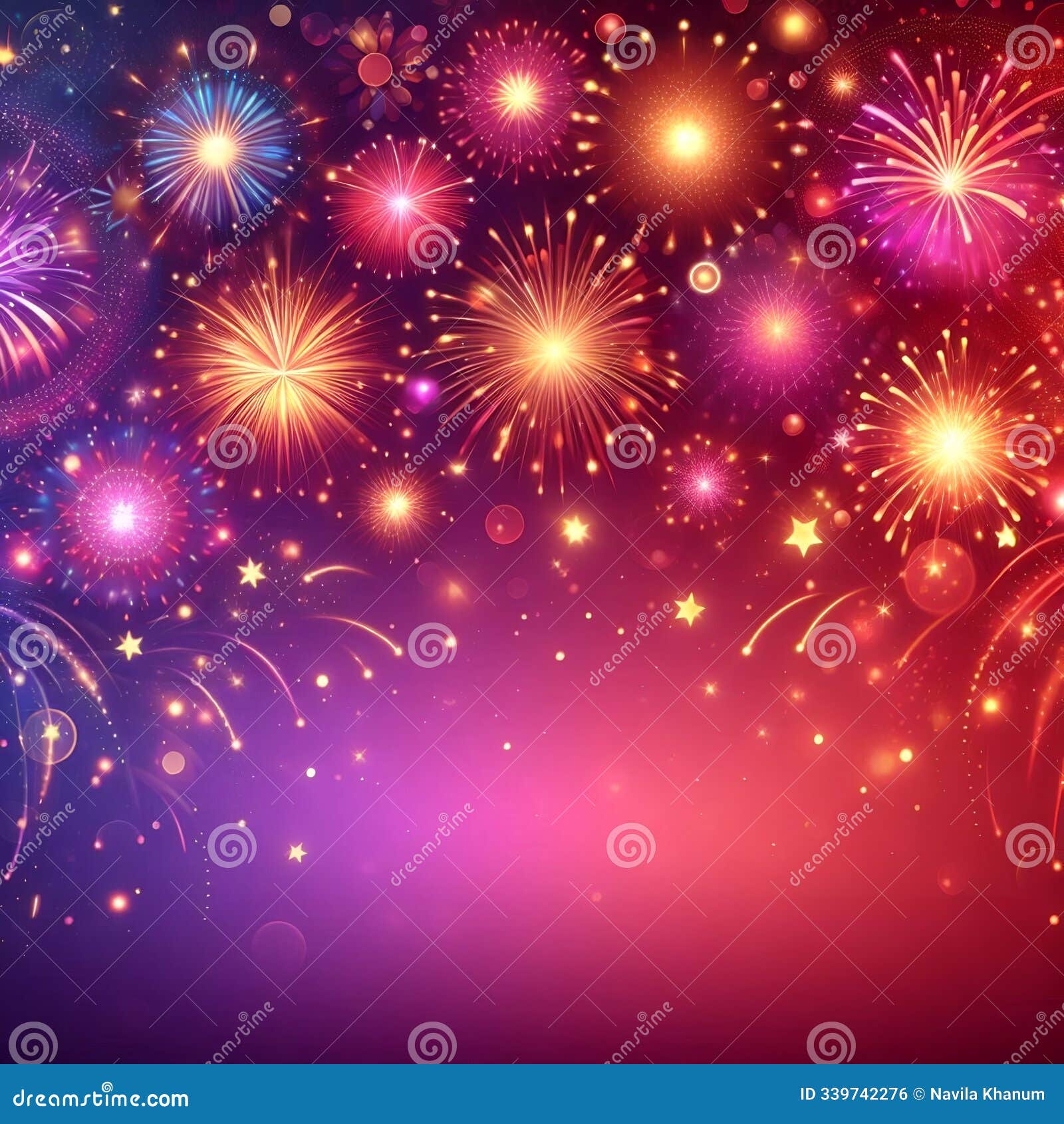 a vibrant fireworks display scene with a deep red to purple background gradient.