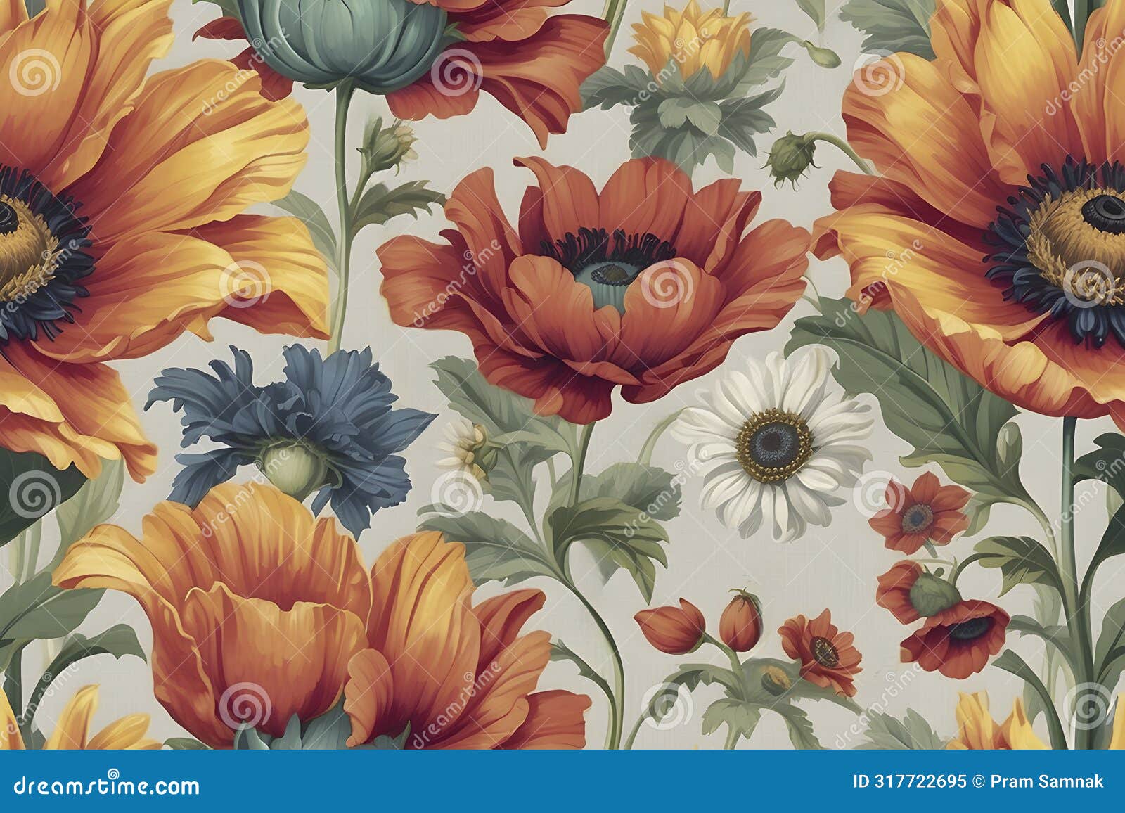 a seamless pattern of floral chintz pattern reminiscent of the 1940s.