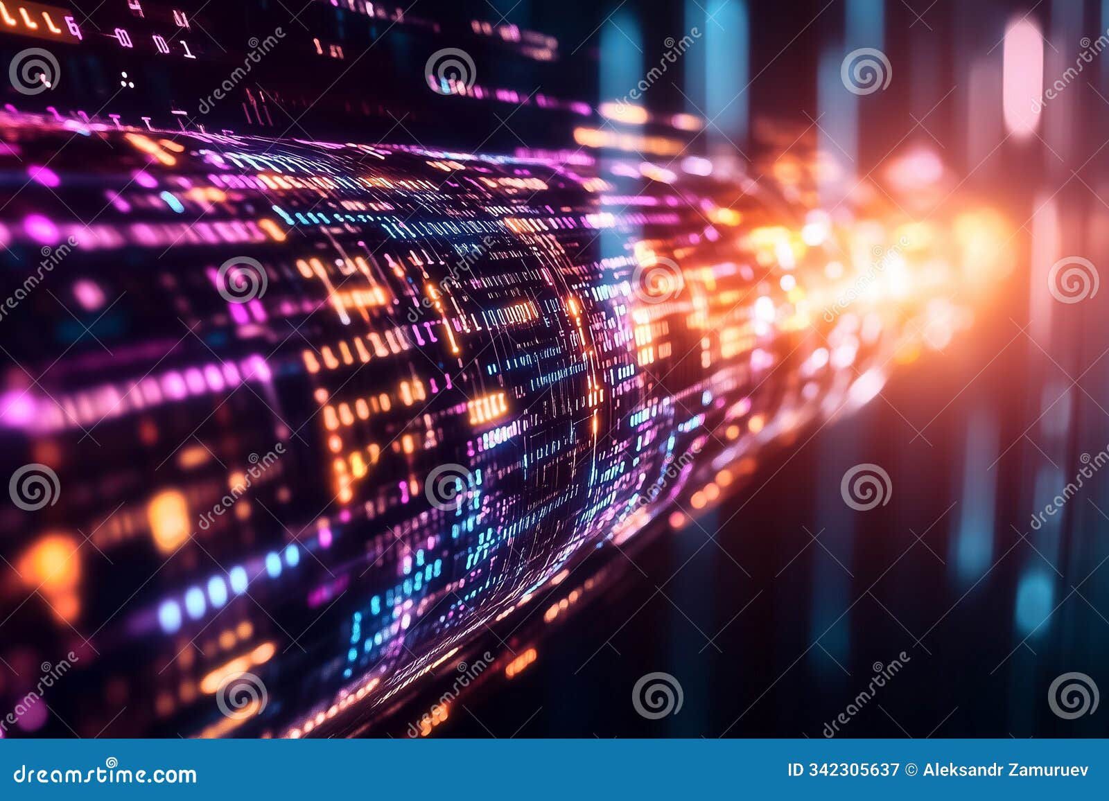 a vibrant flow of binary code illuminates an abstract digital environment, showcasing technological artistry