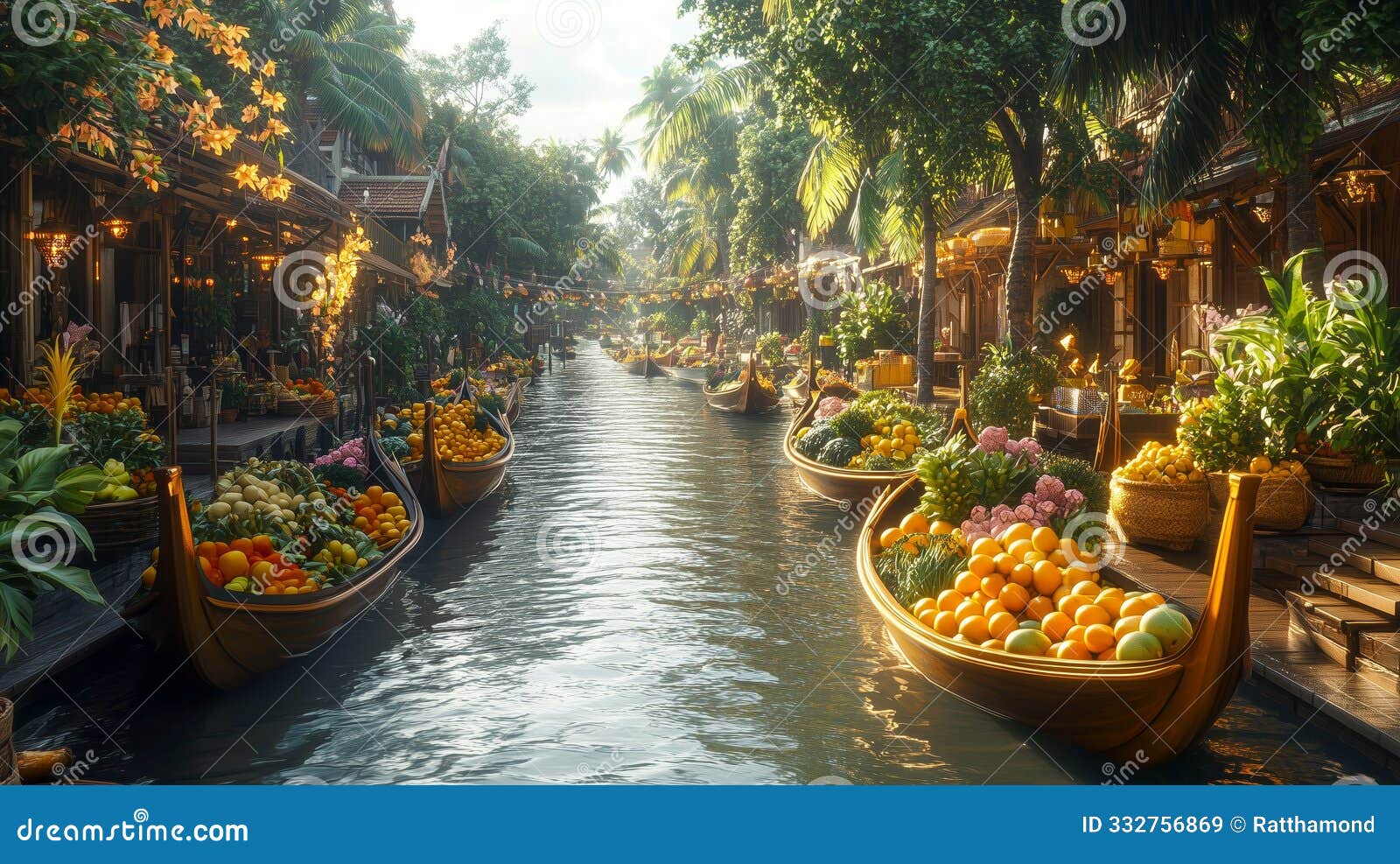 vibrant fruits overflow wooden boats navigating a tranquil canal, creating a kaleidoscope of colors beneath a canopy of swaying