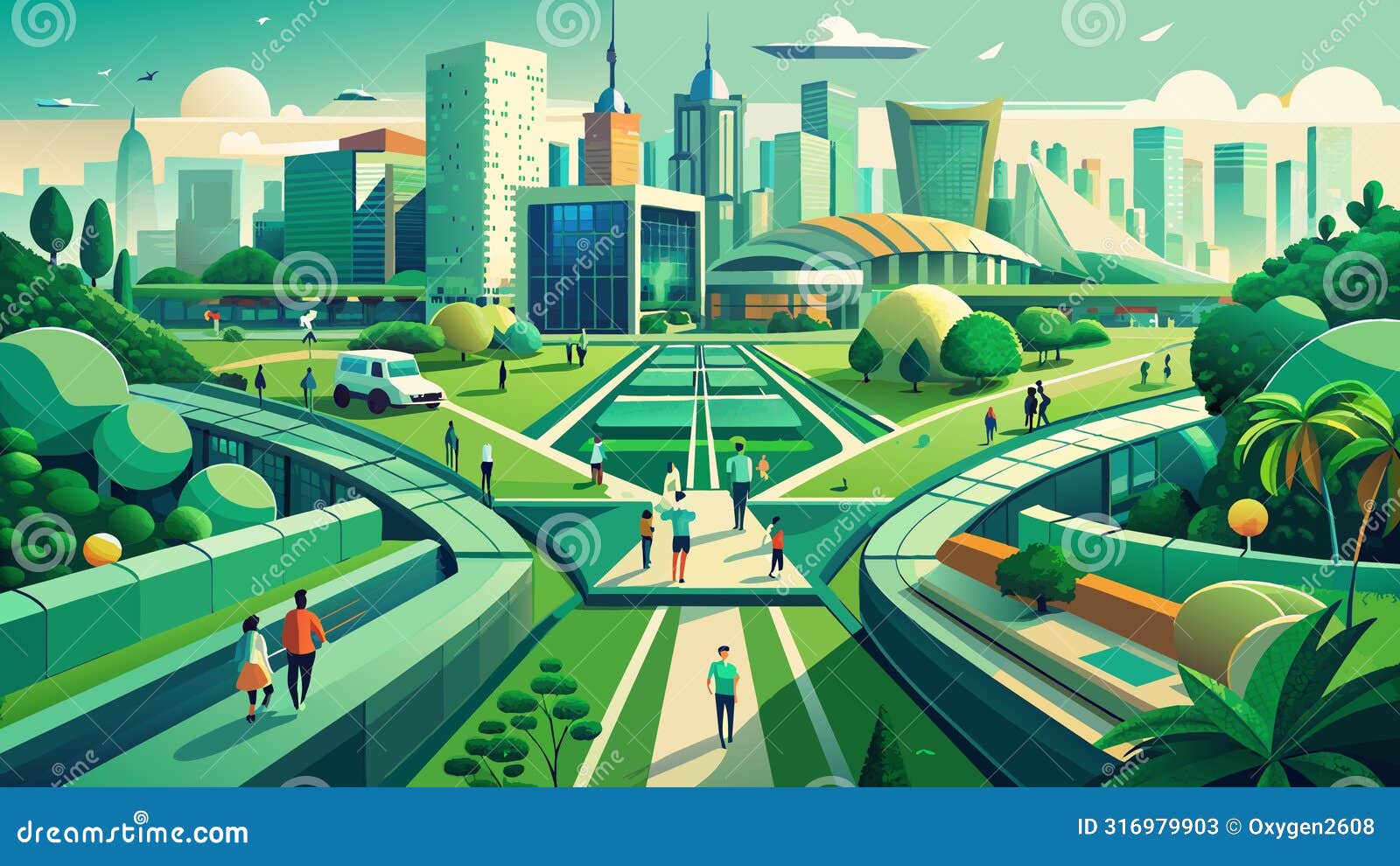 vibrant, futuristic cityscape  with pedestrians and green spaces