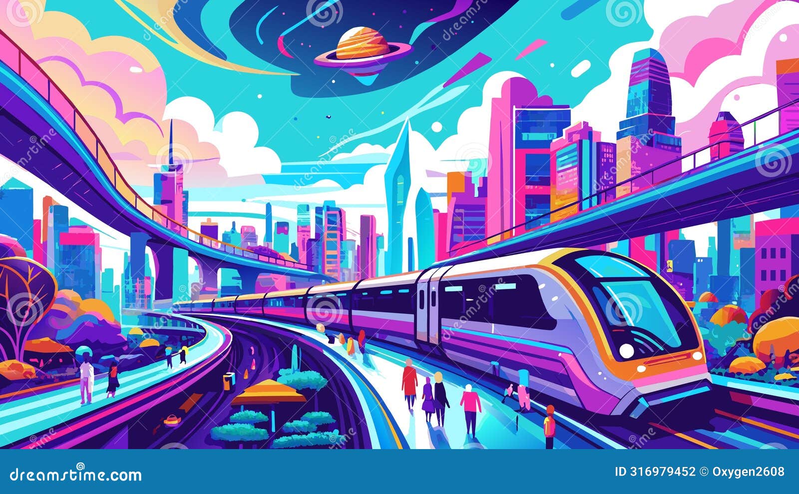 vibrant futuristic cityscape with monorail and planetary rings
