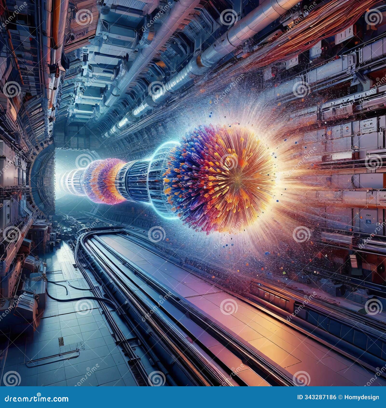 a vibrant, futuristic depiction of a particle collision within a high-tech environment, showcasing intricate energy patterns and