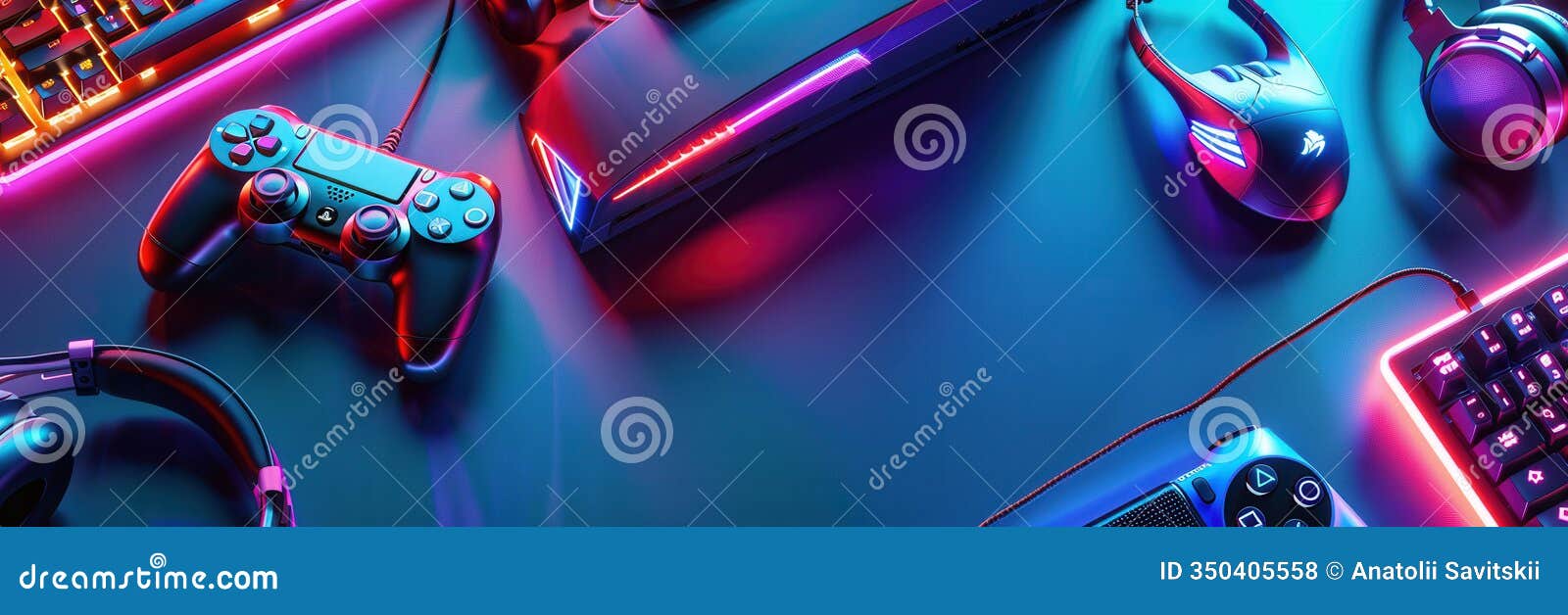 colorful gaming setup featuring consoles, mice, keyboards, and headsets with vibrant led lighting. generative ai