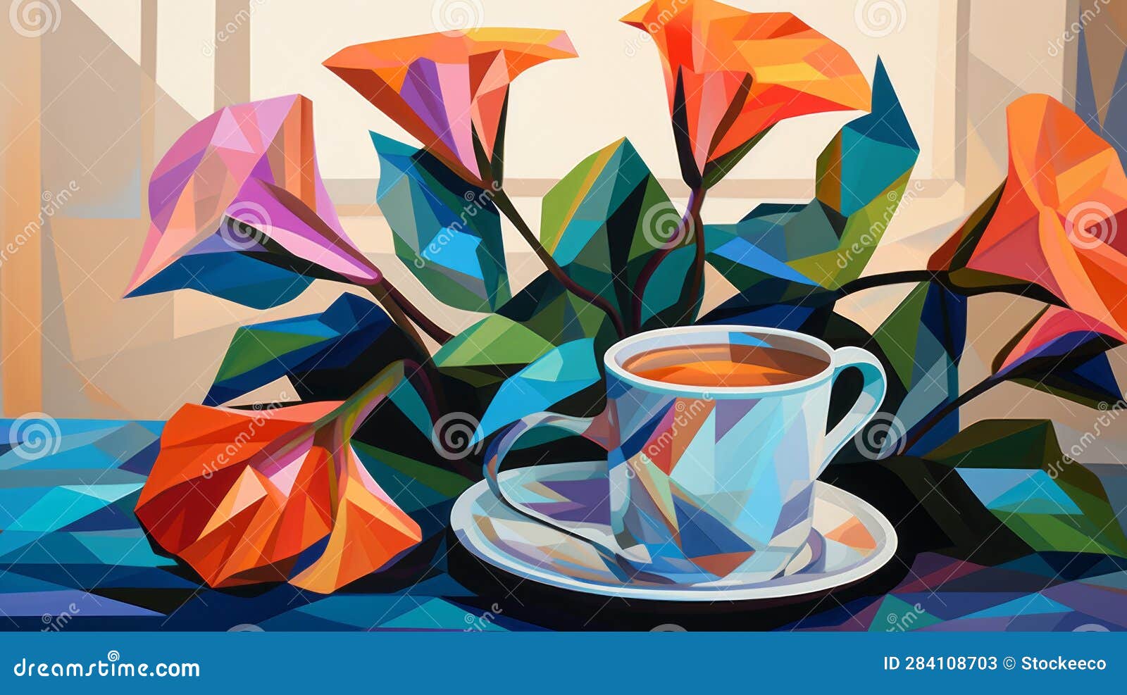 vibrant geometric art: teapot, cups, and colorful flowers on table