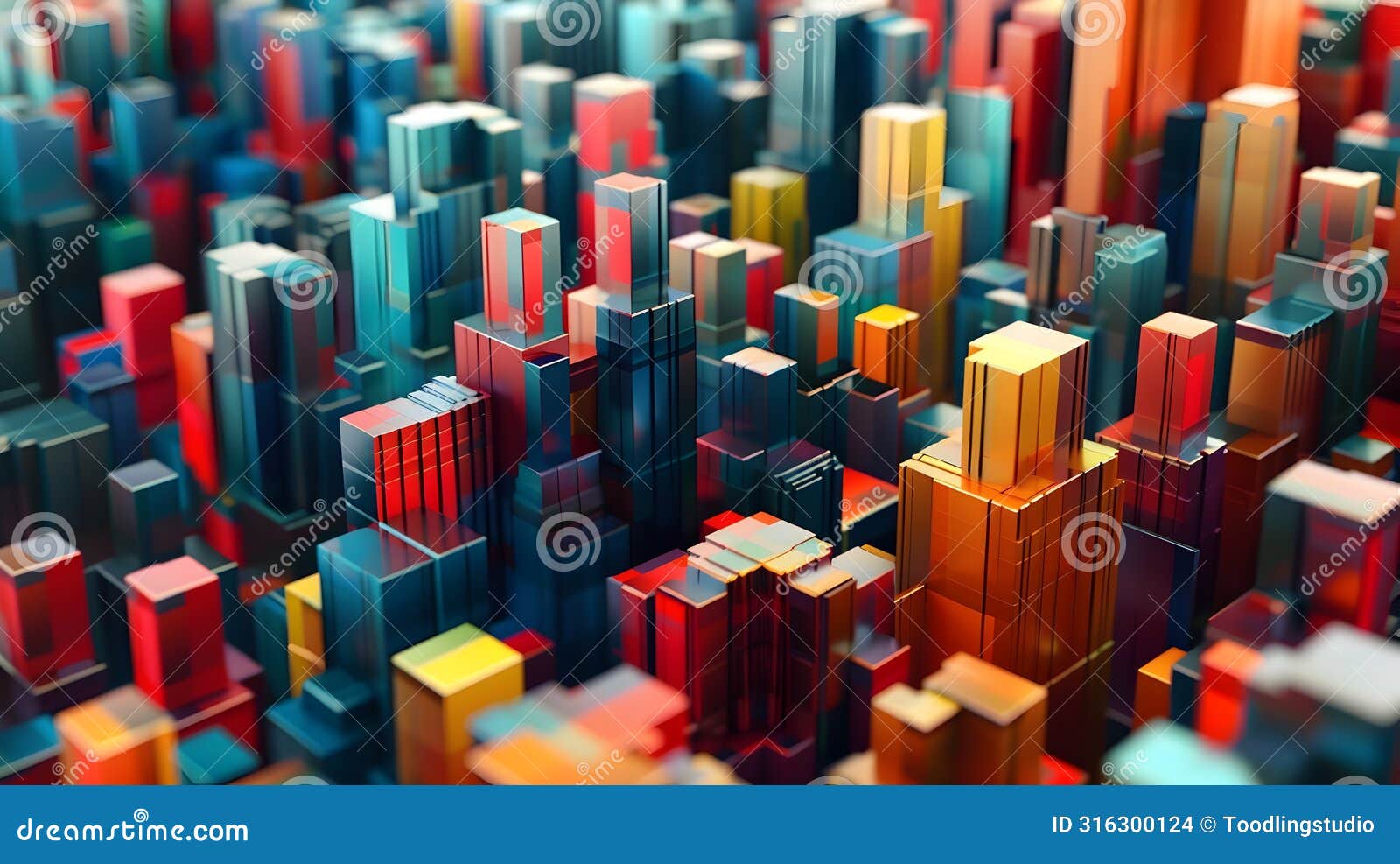 vibrant geometric cityscape of abstract architectural blocks in unconventional arrangements with modern aesthetic and highly