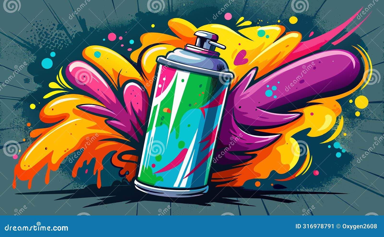 vibrant graffiti spray paint can explosion on urban wall