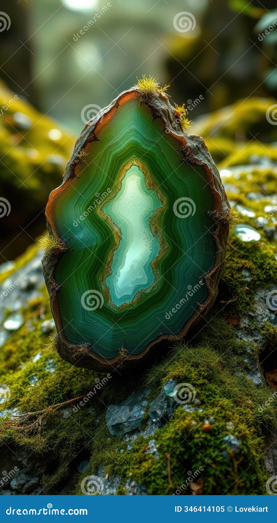 vibrant green agate stone resting on mossy rocks in a serene natural setting