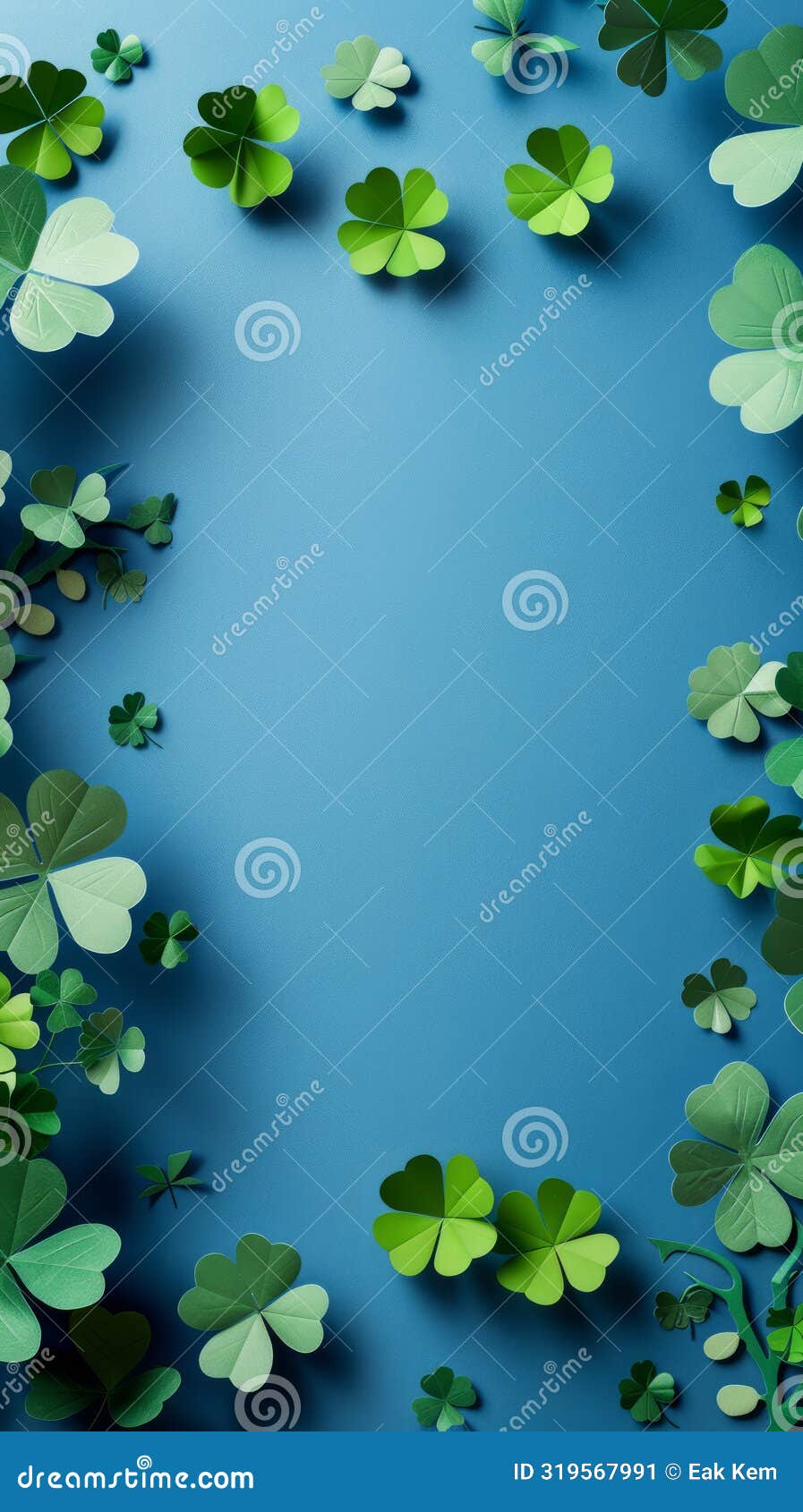 vibrant green clover leaves on blue background st patrick day, nature, luck, botanical , spring theme, greenery art,