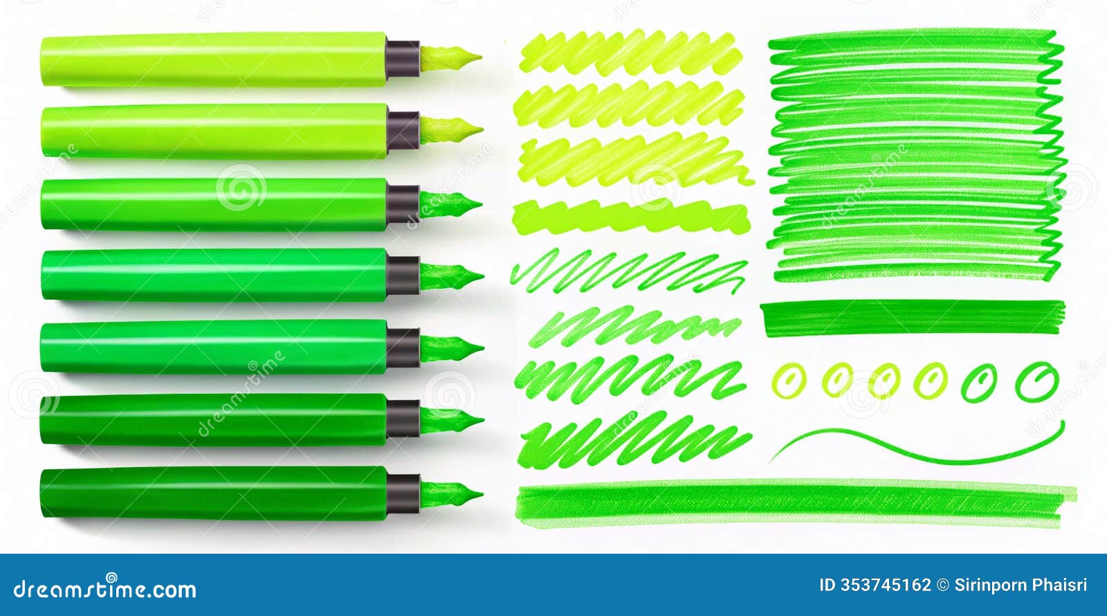 vibrant green highlighter set handdrawn marker stripes underlines and colorful text markers for enhanced notetaking and