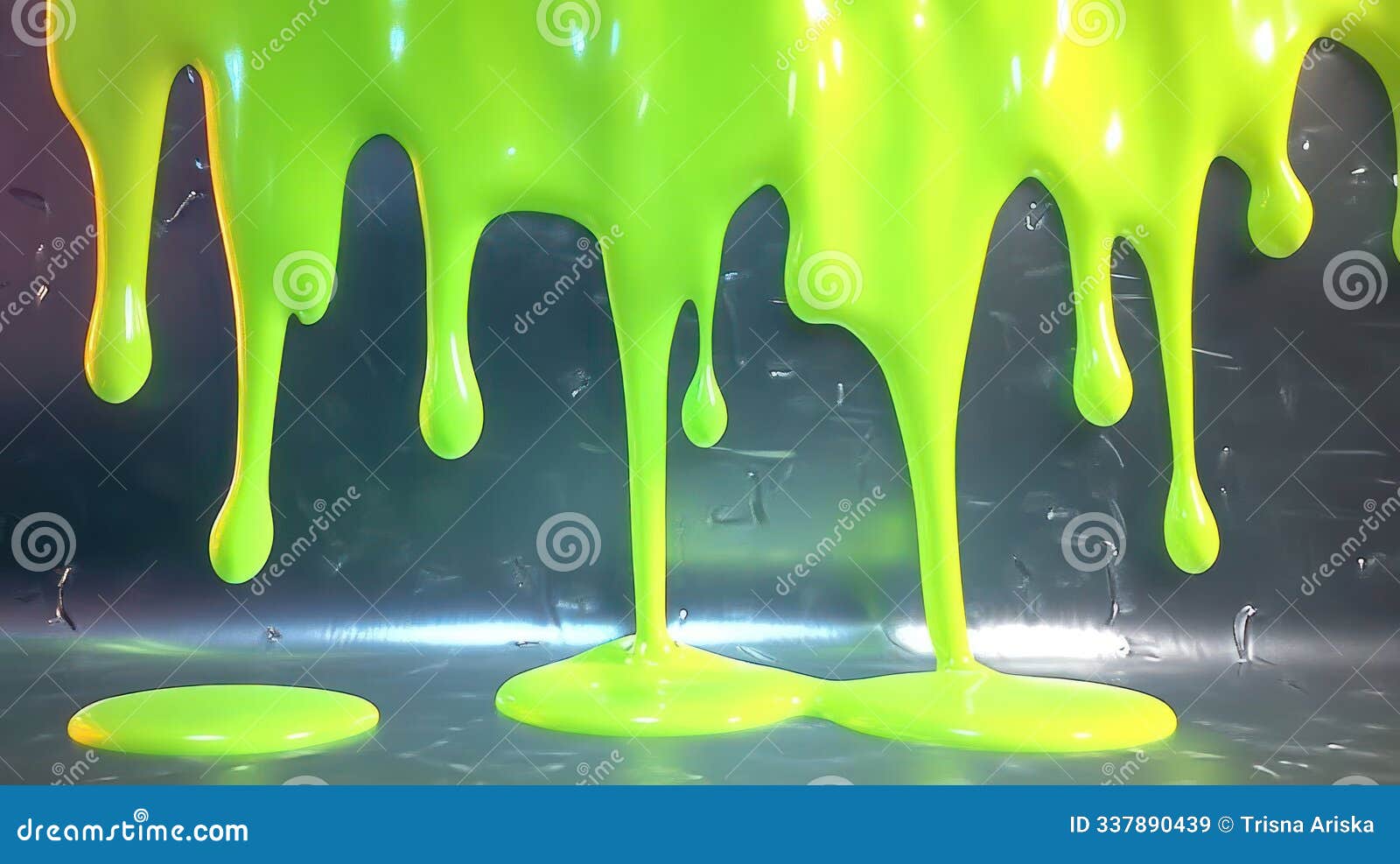 a vibrant green substance drips and pools on a reflective surface, creating a dynamic visual effect