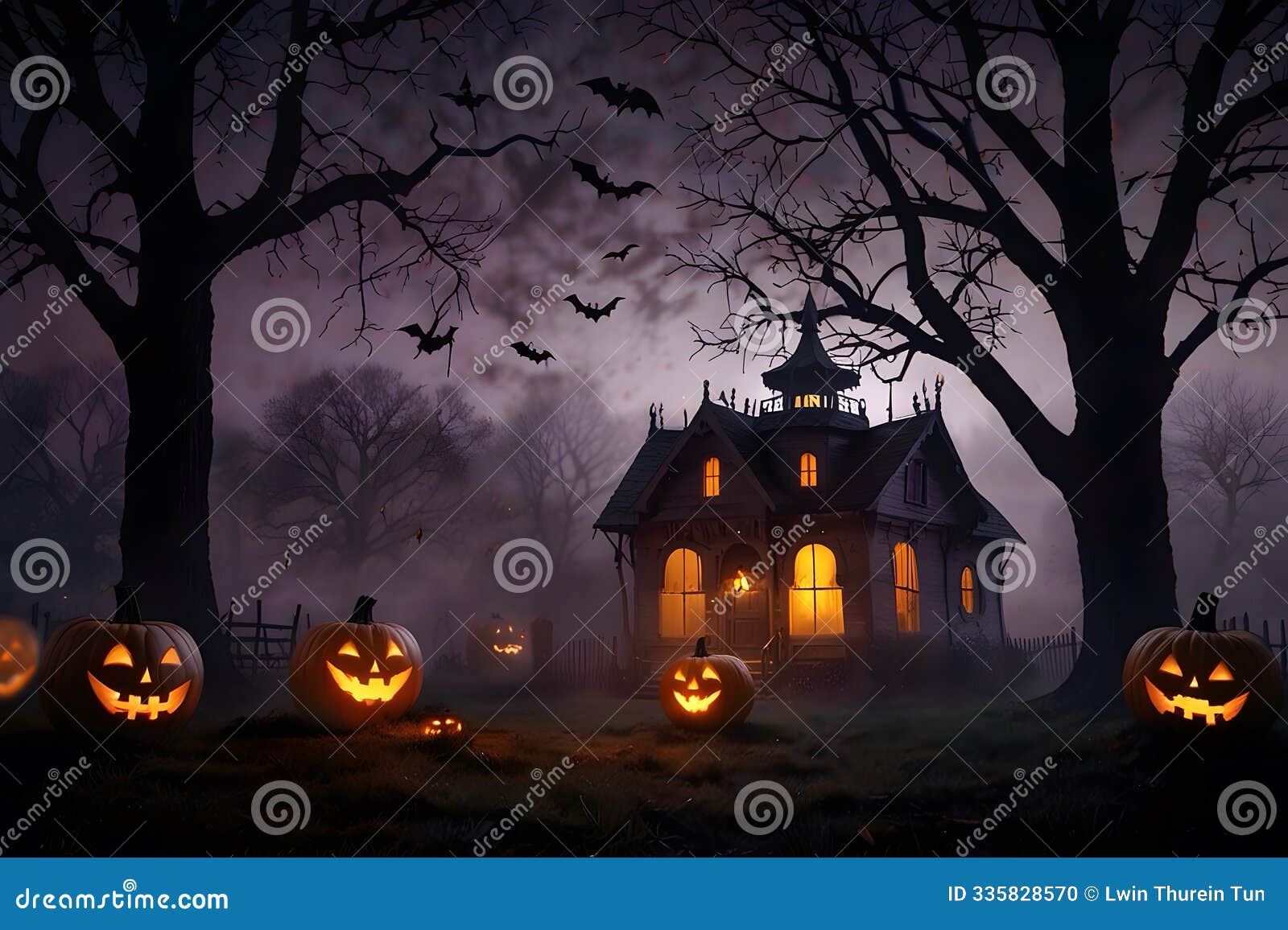 happy halloween banner or party invitation background with violet fog clouds and pumpkins