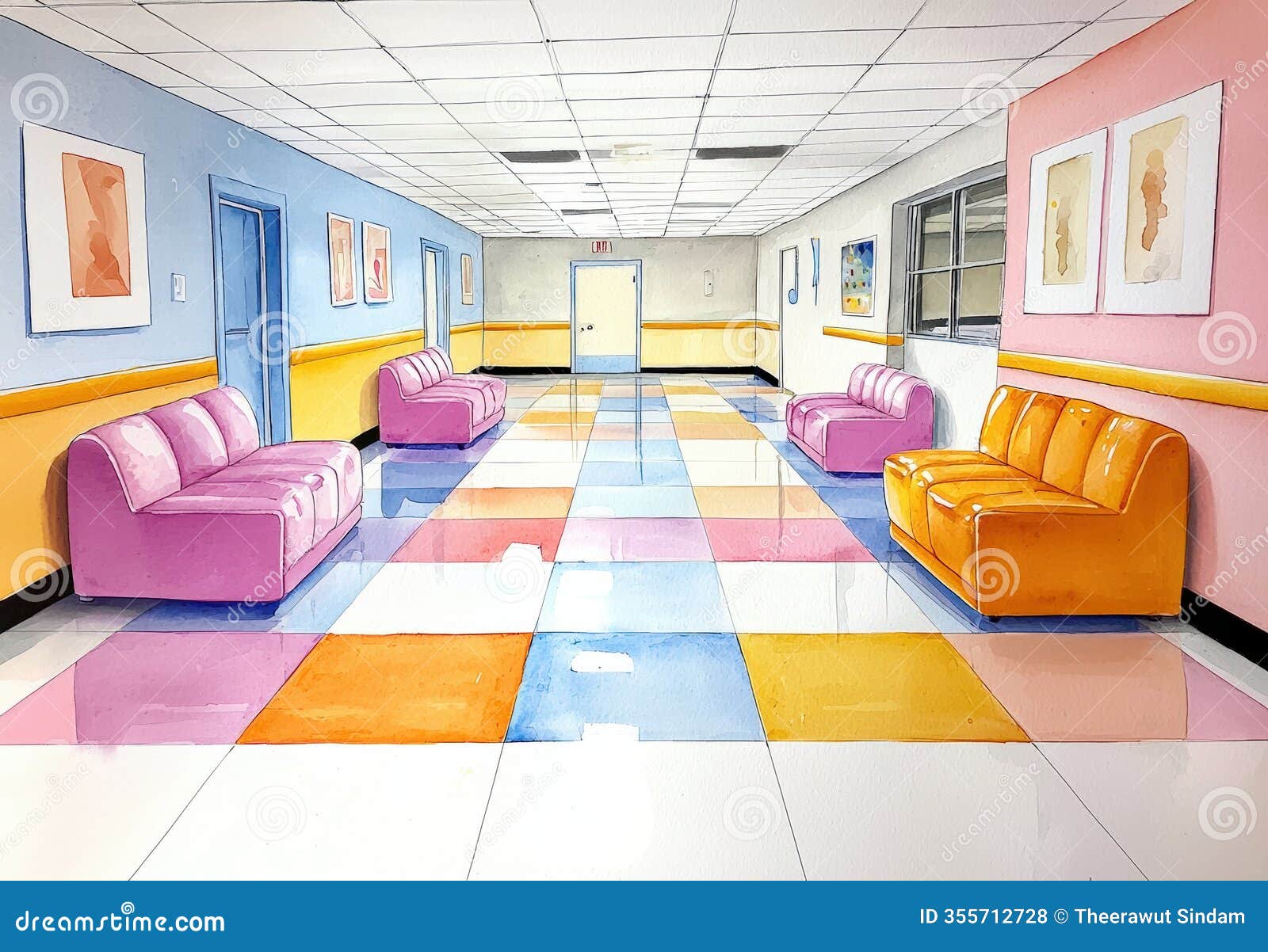 vibrant hallway featuring colorful sofas and touch sensitive floor, creating lively atmosphere