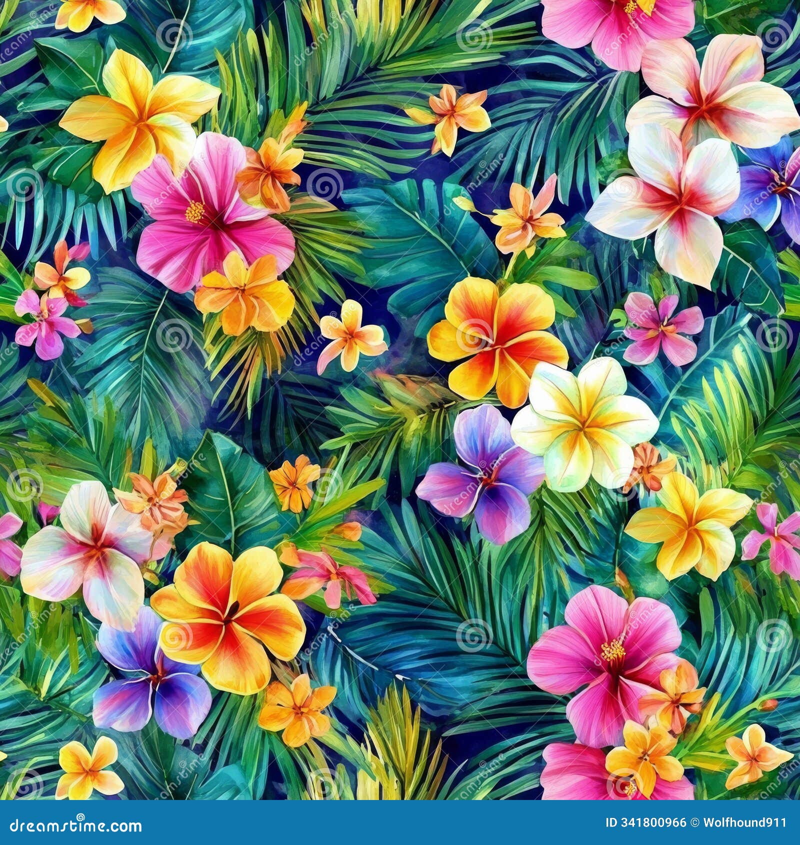 a vibrant hawaiian seamless pattern featuring tropical palm leaves and exotic flowers like hibiscus