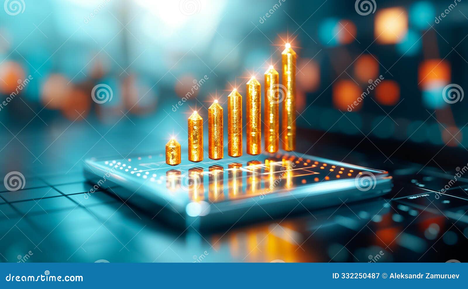 a vibrant  displays ascent in financial metrics through golden bars, izing growth on a tech-inspired