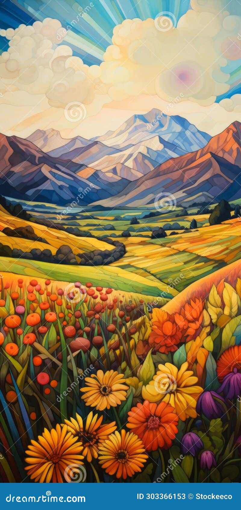 vibrant  of a flower farm and mountains