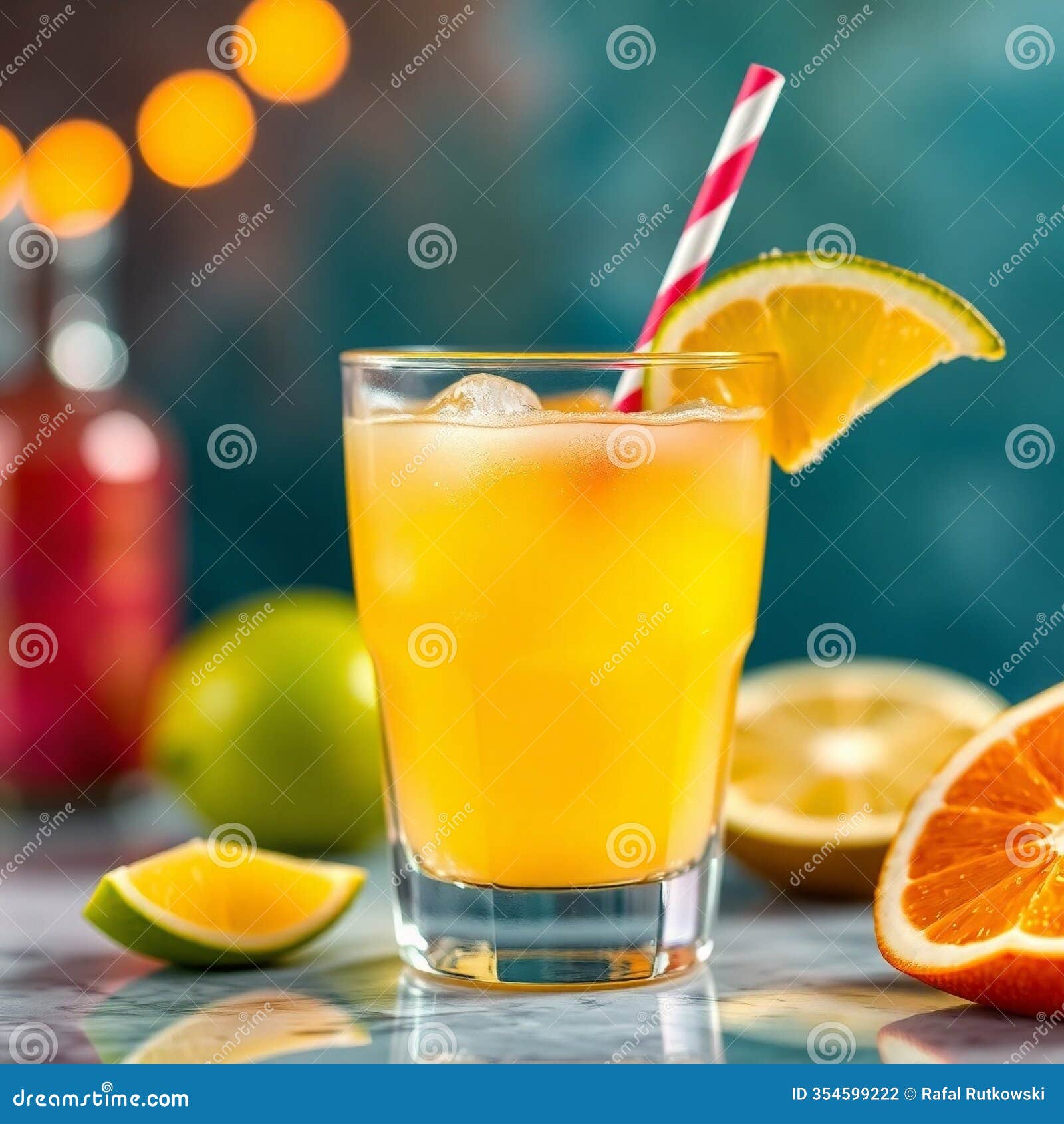 refreshing citrus cocktail in a glass with ice, garnished with lime and orange slices. perfect for a summer day