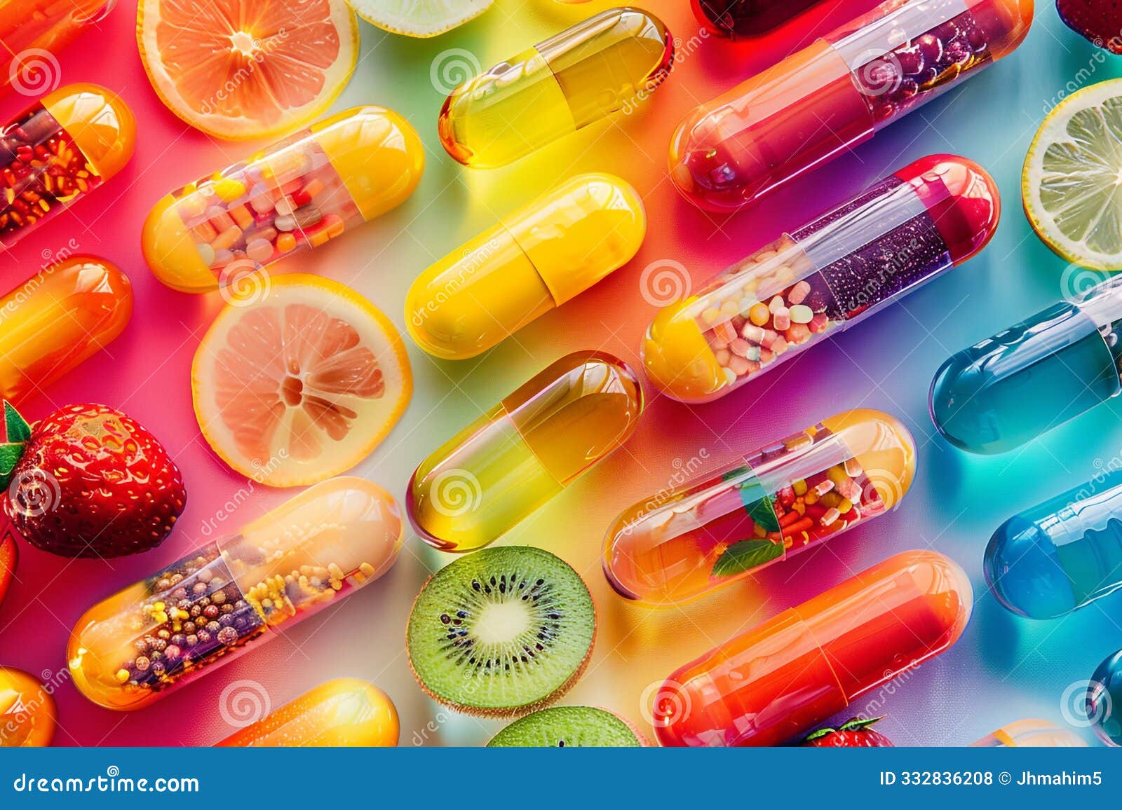 a vibrant image showcasing a variety of colorful fruit and vegetable power supplement capsules filled with essential