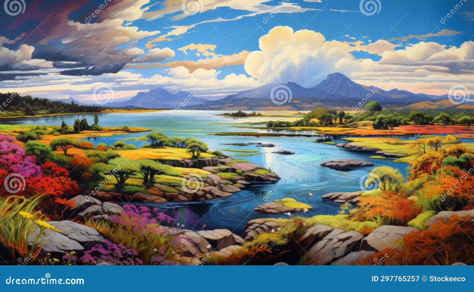 vibrant scottish landscape painting with river - inspired by tim hildebrandt
