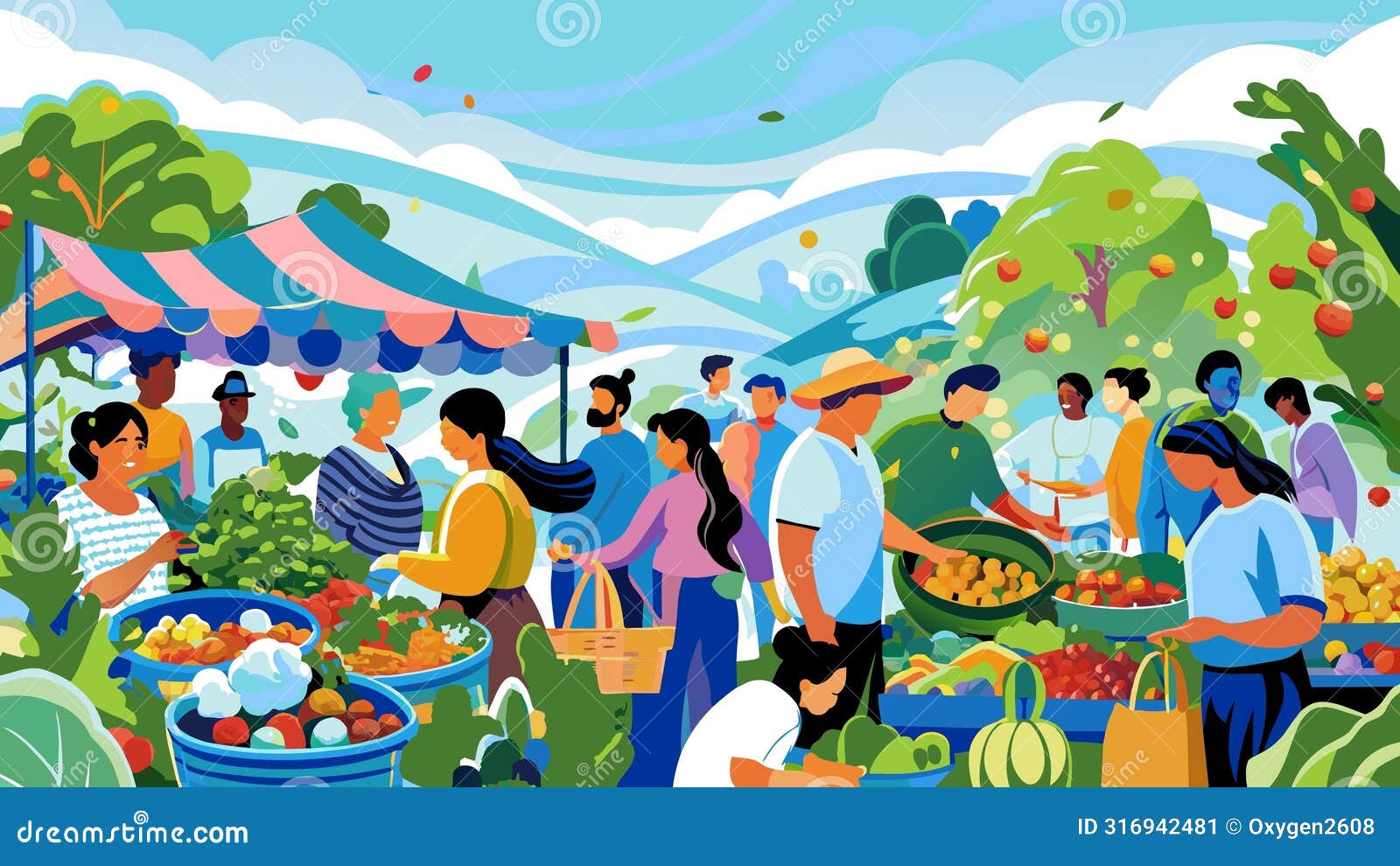 vibrant local farmers market scene with diverse shoppers