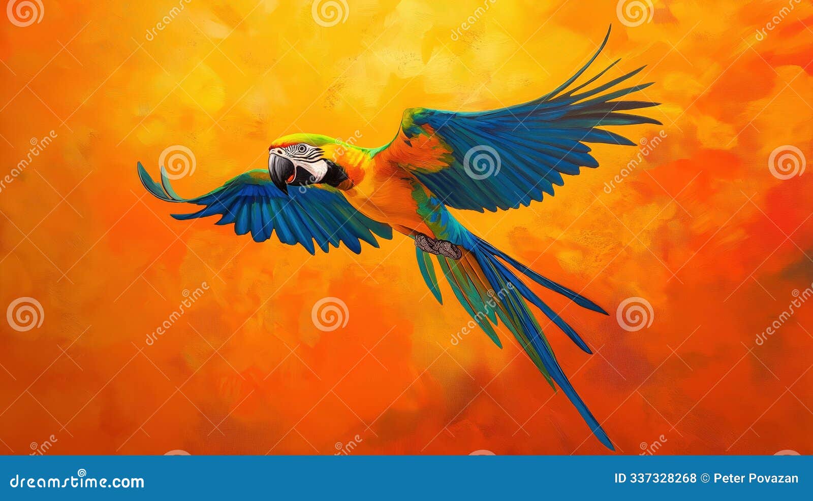 vibrant macaw in flight against an orange sky