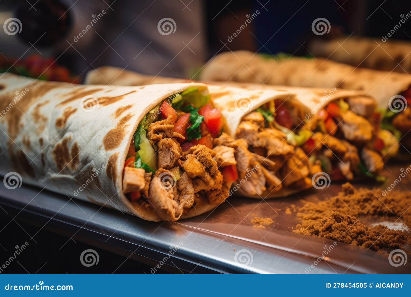 Vibrant Macro Shot of Chicken Shawarma Wraps Being Prepared in a