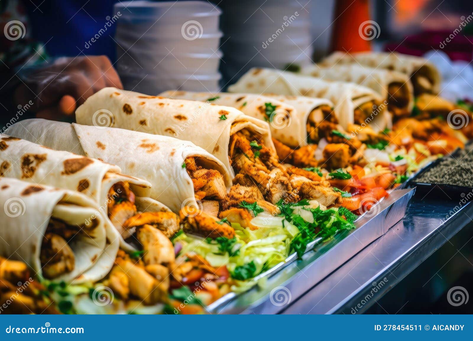 Vibrant Macro Shot Of Chicken Shawarma Wraps Being Prepared In A