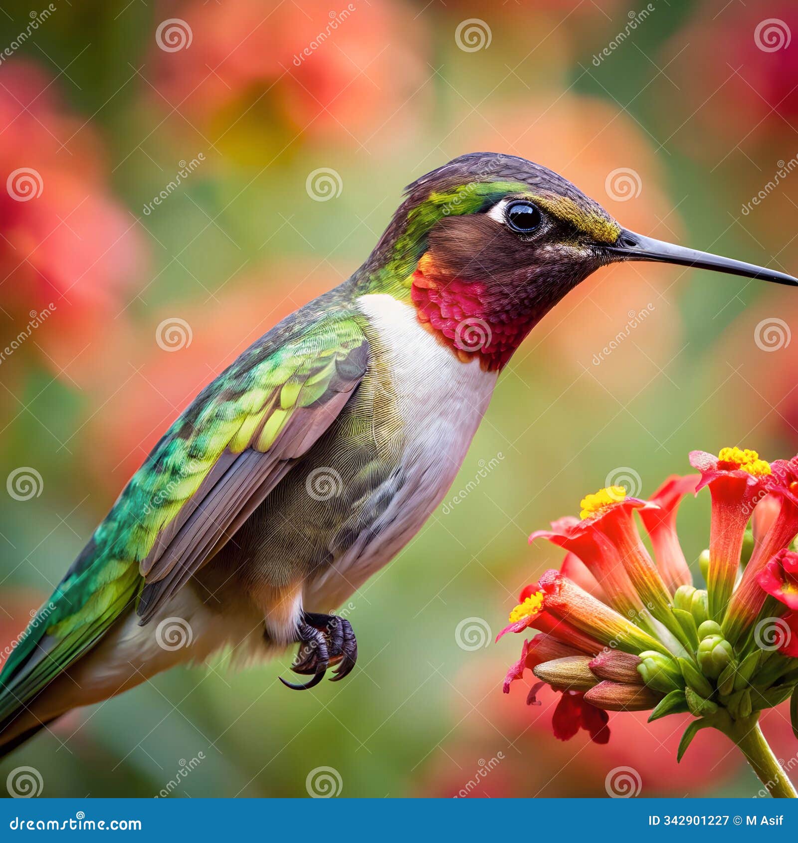 a vibrant macro shot of a hummingbird enjoying necta