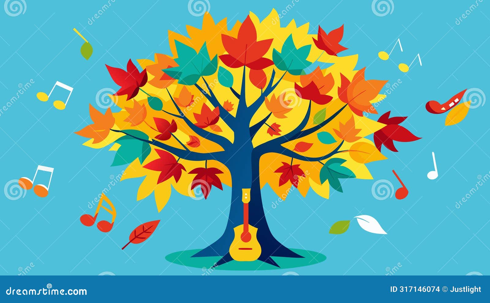 a vibrant maple tree with brightly colored leaves representing various latin music genres like salsa merengue and bossa