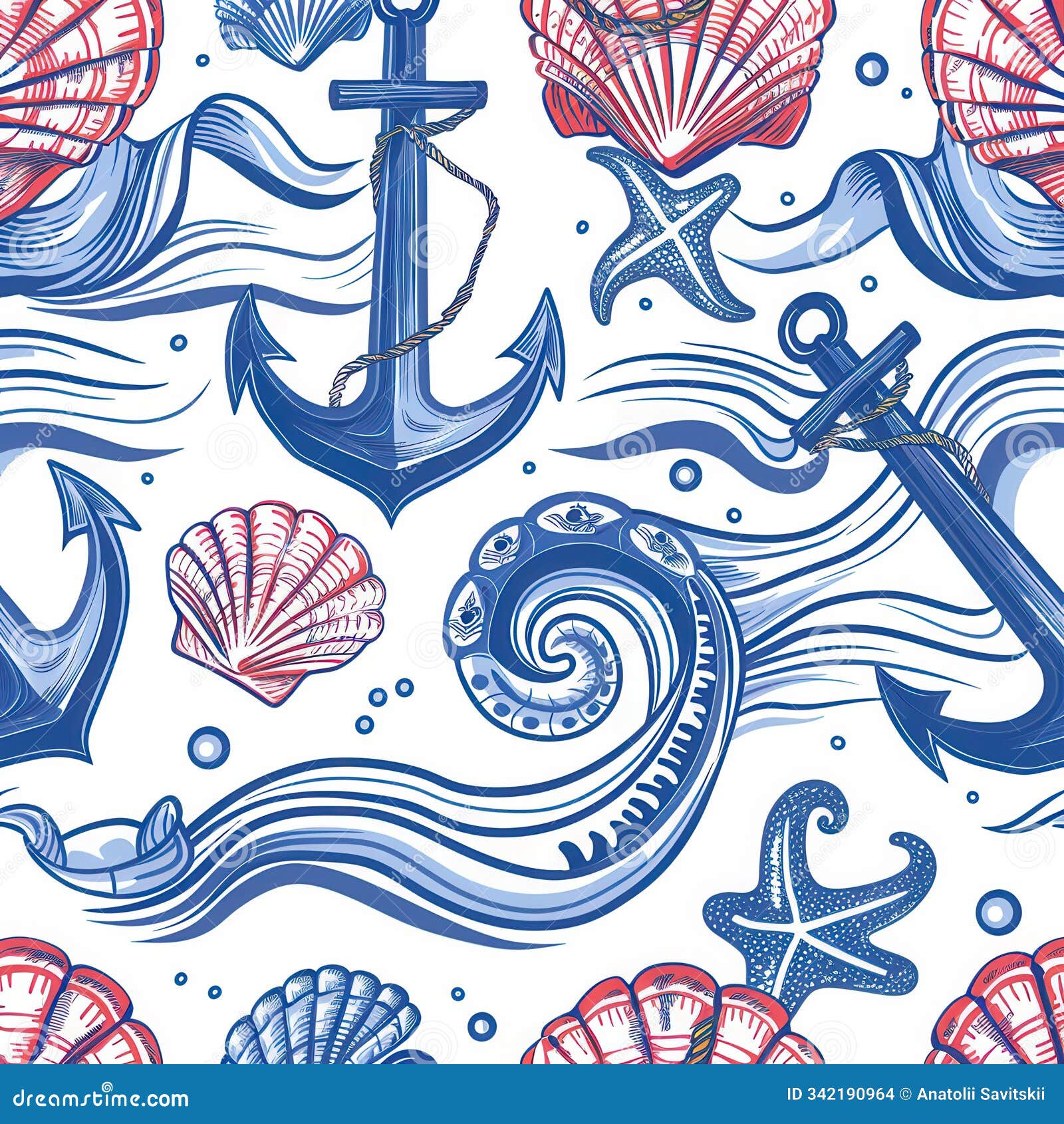 a vibrant marine pattern showcases anchors, seashells, and ocean waves in blue and red, creating a lively coastal vibe