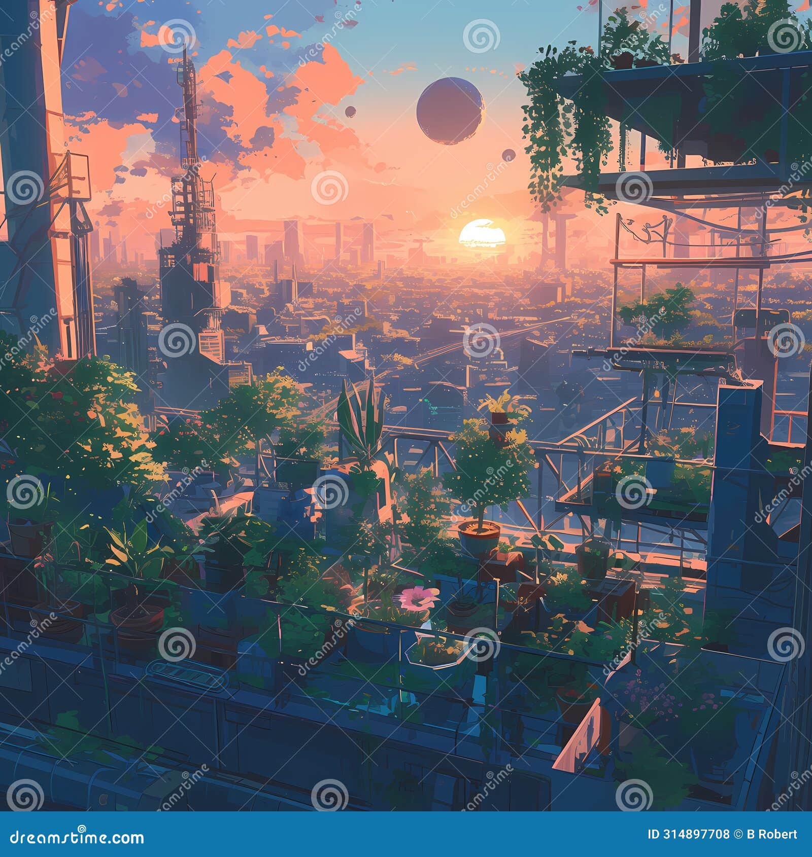 vibrant mars city twilight: a futuristic urban oasis.