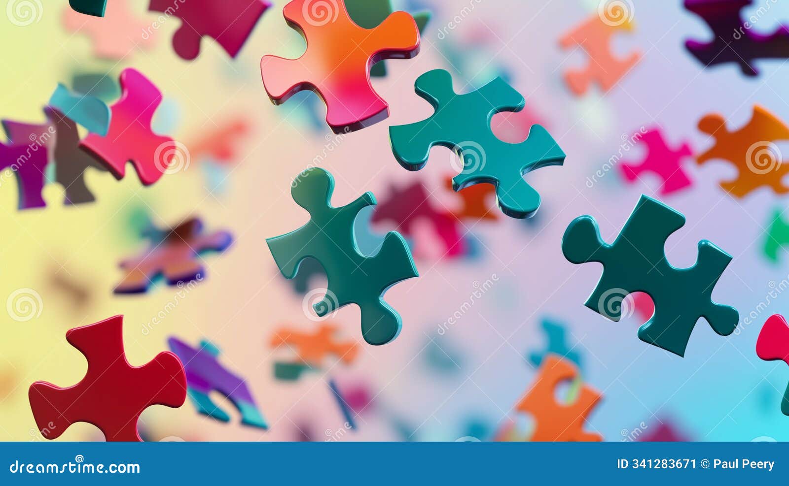 vibrant multicolored puzzle pieces in mid-air floating in an abstract space
