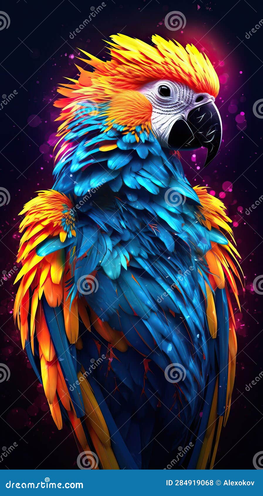 Vibrant Neon Parrot on Dark Background AI Generated Stock Illustration