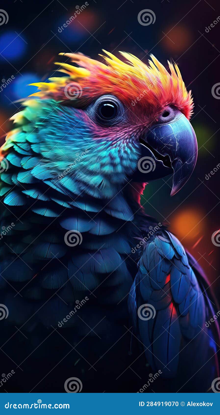 Vibrant Neon Parrot on Dark Background AI Generated Stock Illustration