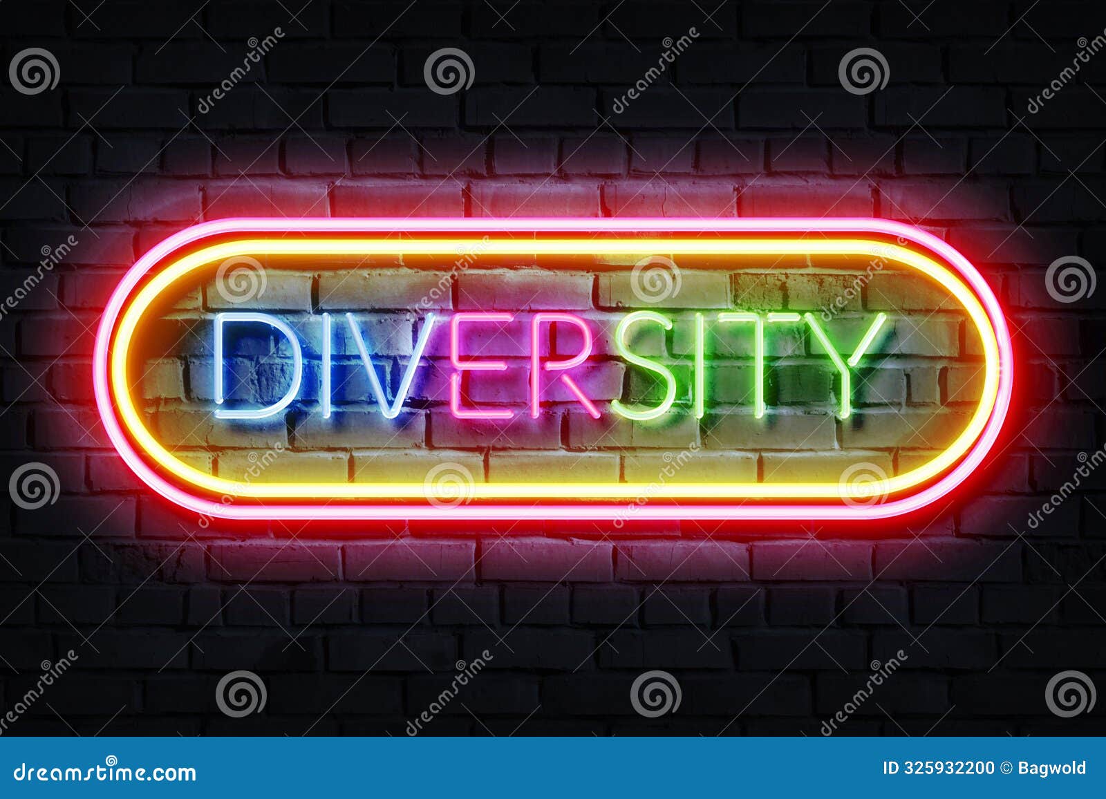 vibrant neon diversity sign on dark brick wall - modern urban art