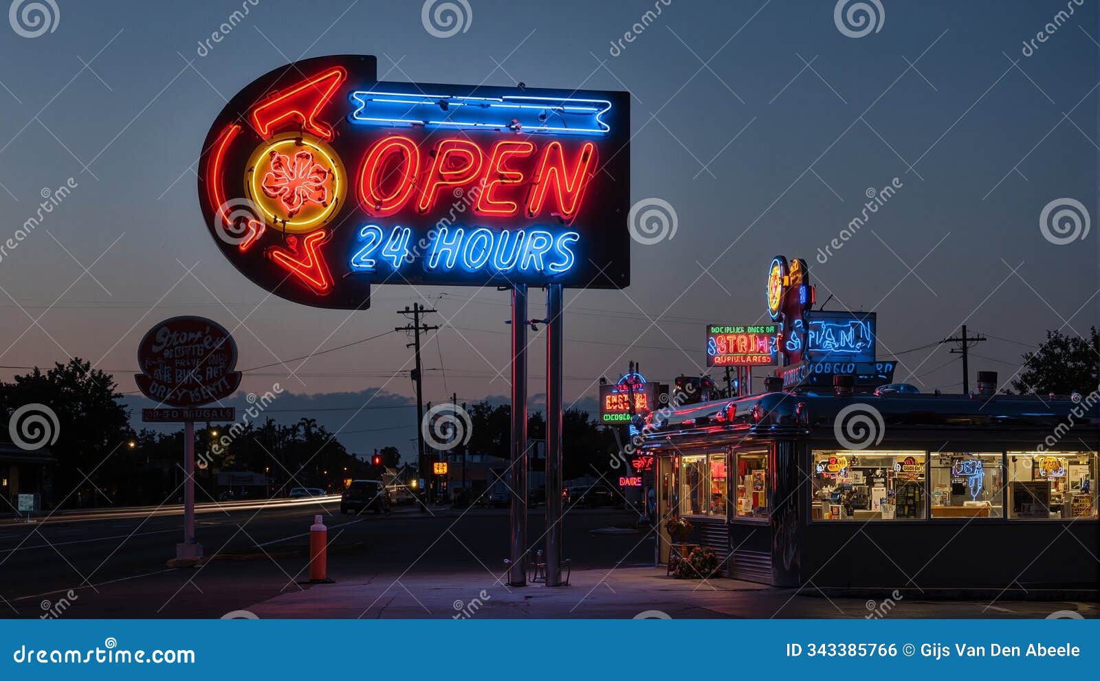 vibrant neon sign open 24 hours above a diner in twilight red and blue glow against chrome faade