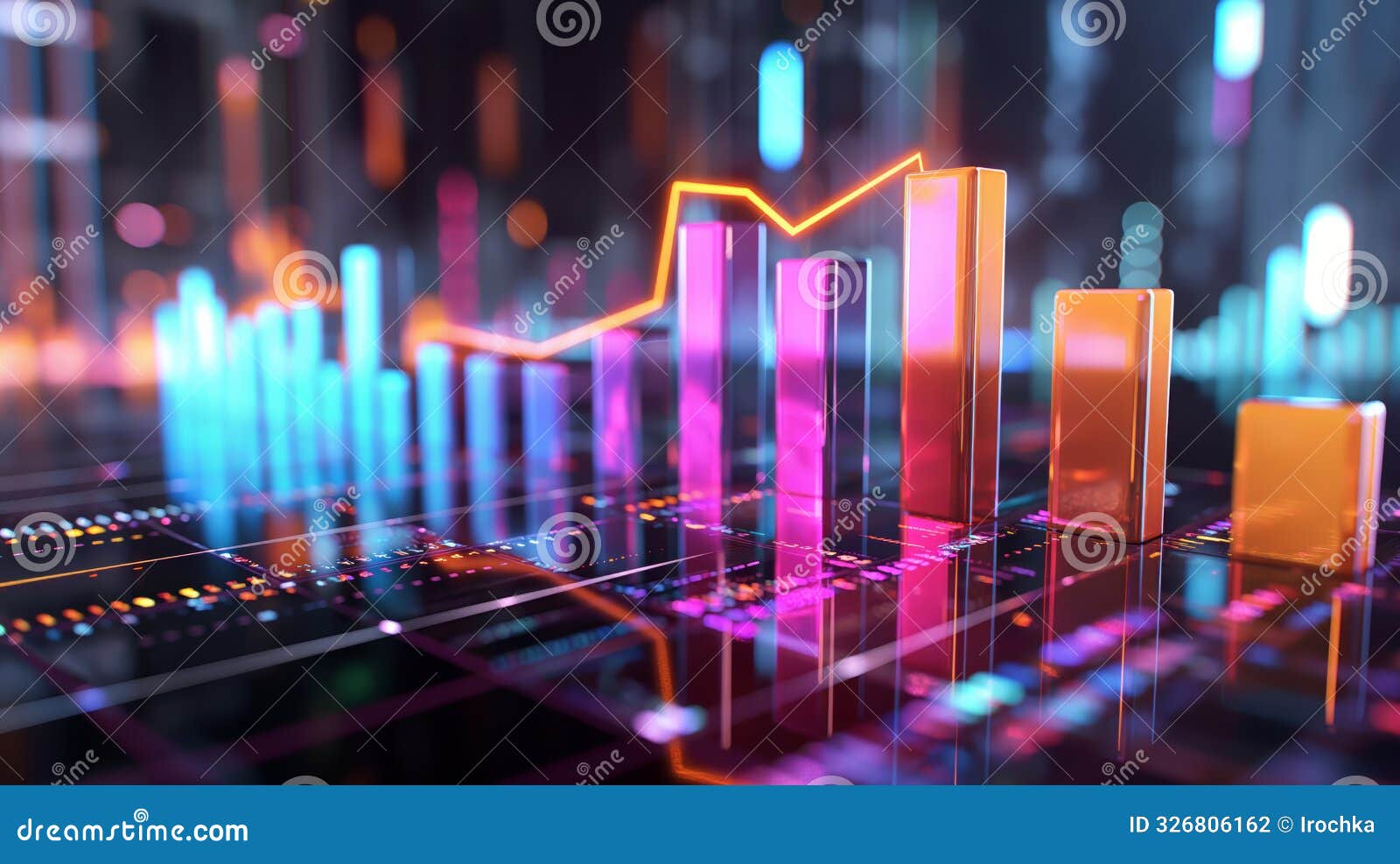 vibrant neon-themed 3d bar chart with bars in various colors and heights